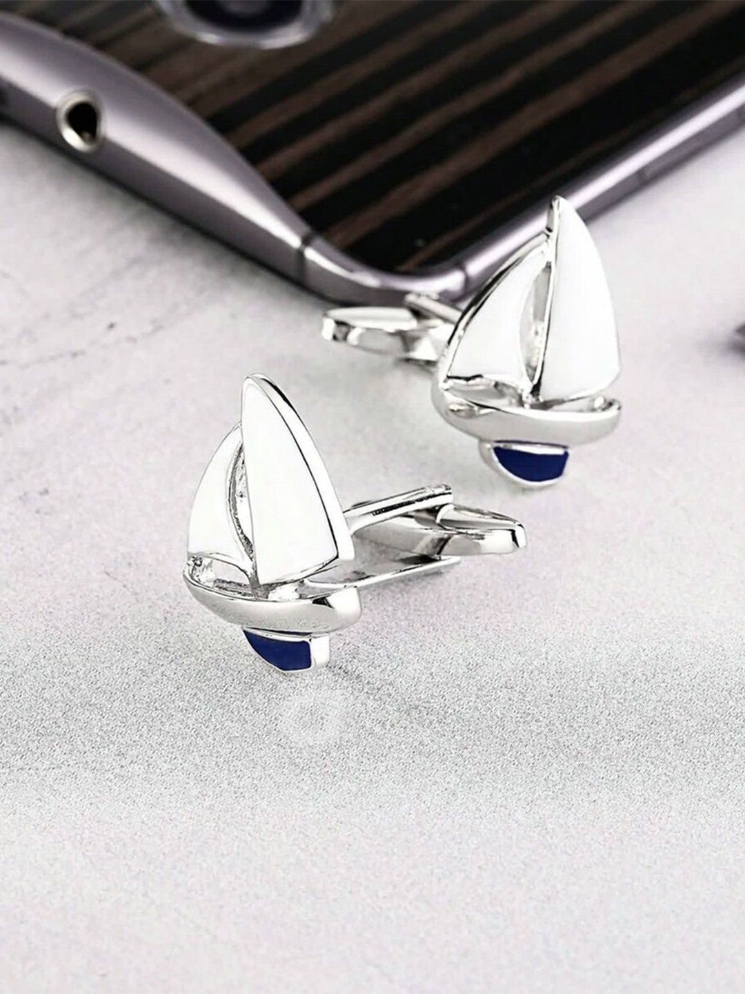 ZIVOM Rhodium Plated 3D Engraved Sailboat Formal Cufflink, Silver