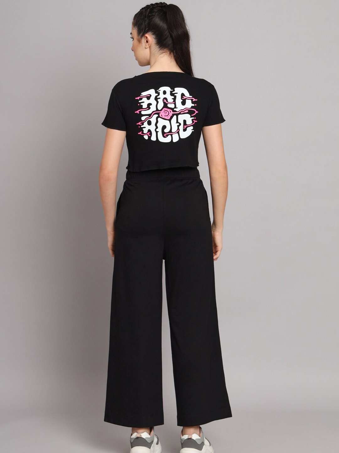 

GRIFFEL Women Typography Printed Cotton Crop T-shirt With Pyjamas, Black