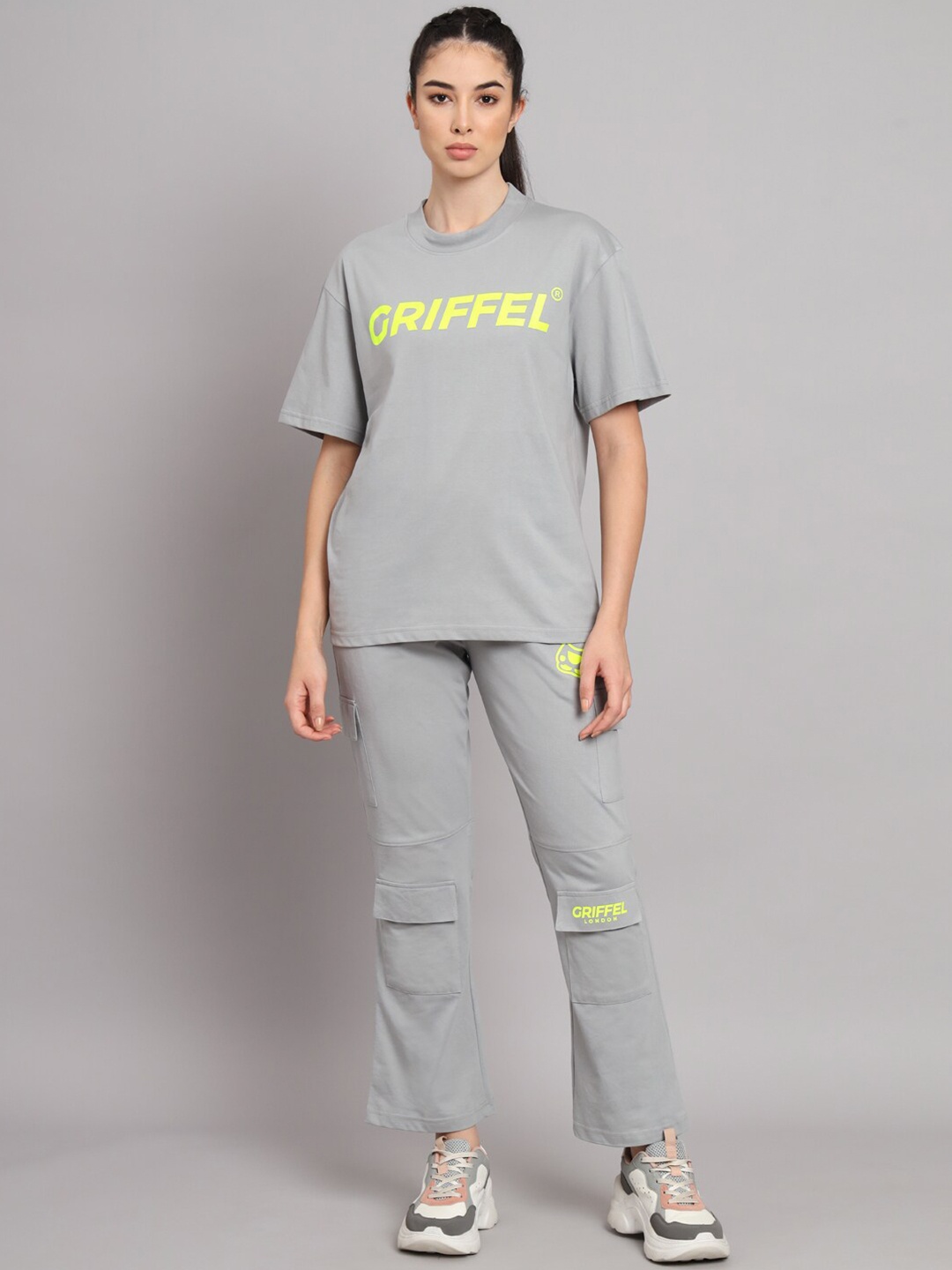 

GRIFFEL Typography Printed Mid-Rise Pure Cotton Tracksuit, Grey