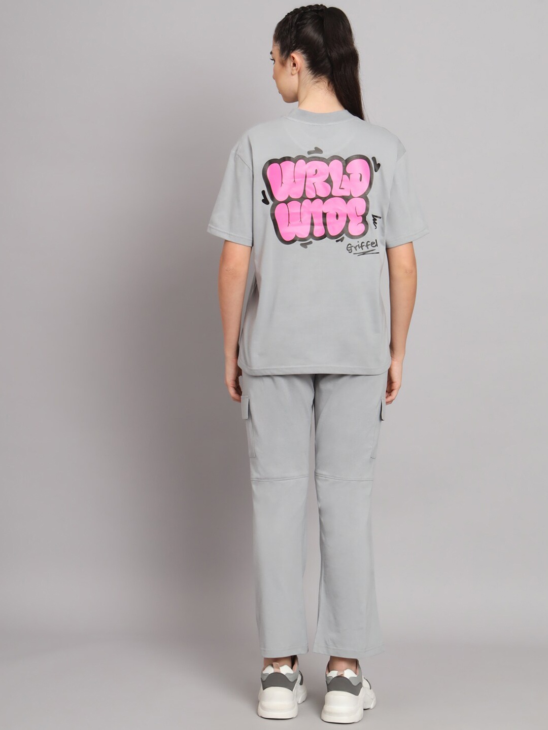 

GRIFFEL Typography Printed Mid-Rise Pure Cotton Tracksuit, Grey