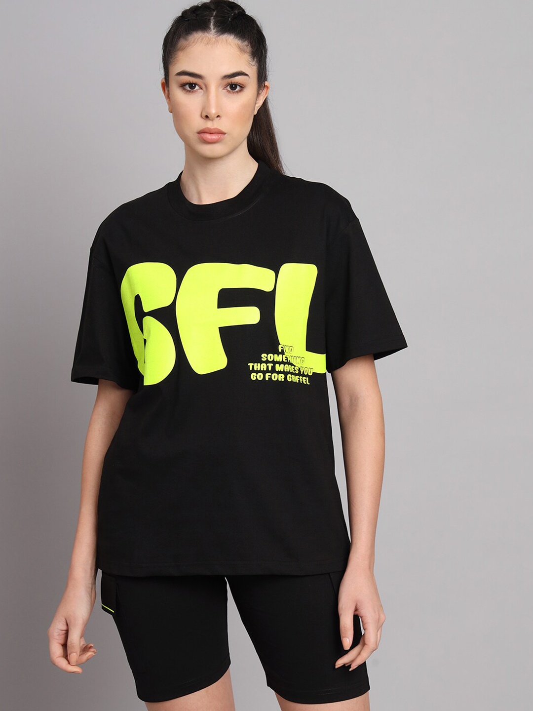 

GRIFFEL Women Printed Cotton T-shirt With Shorts, Black