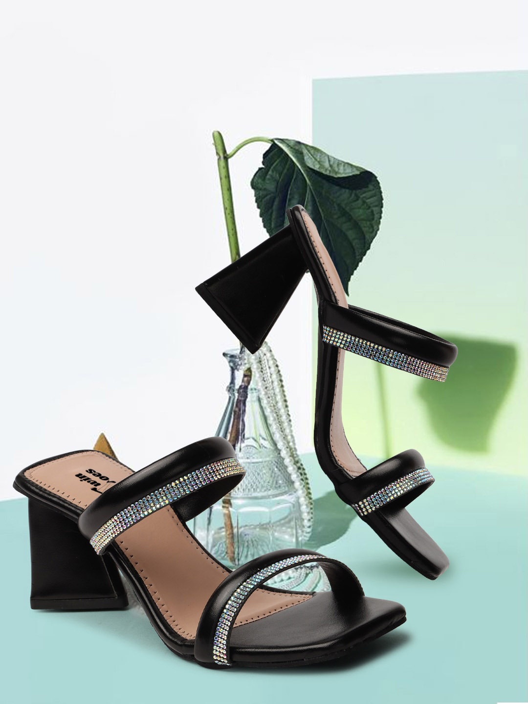 

TWIN TOES Embellished Open Toe Block Heels, Black