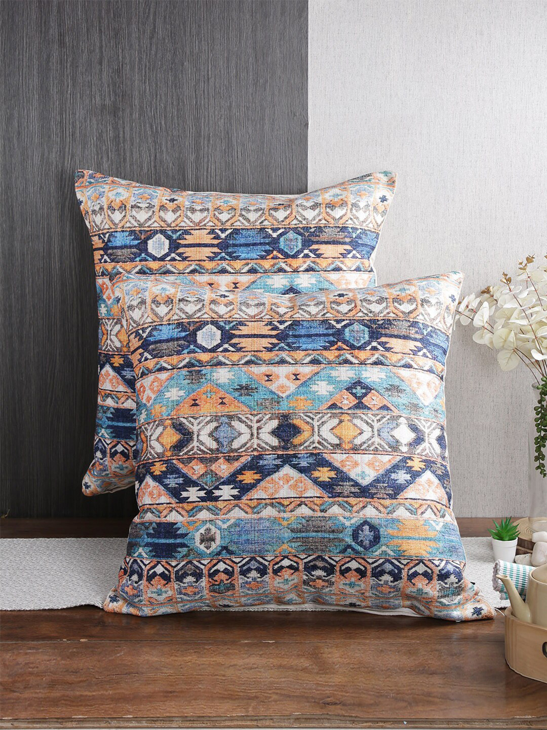 

Soumya 2 Pieces Turquoise Blue & Orange Ethnic Motifs Square Cushion Covers