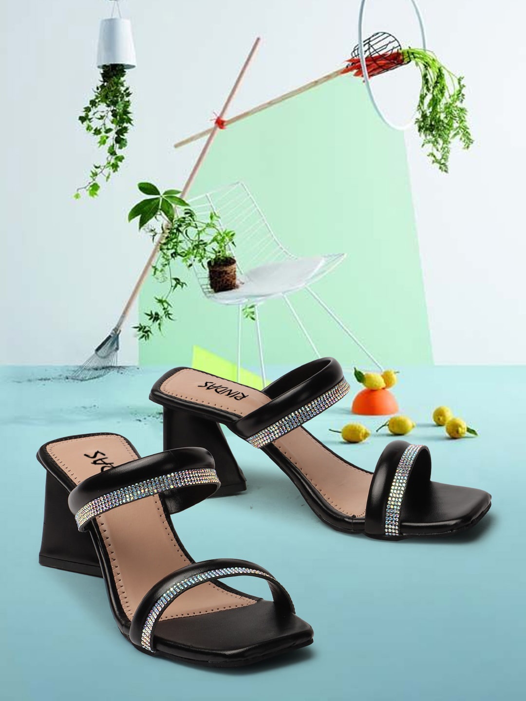 

RINDAS Embellished Open Toe Block Heels, Black