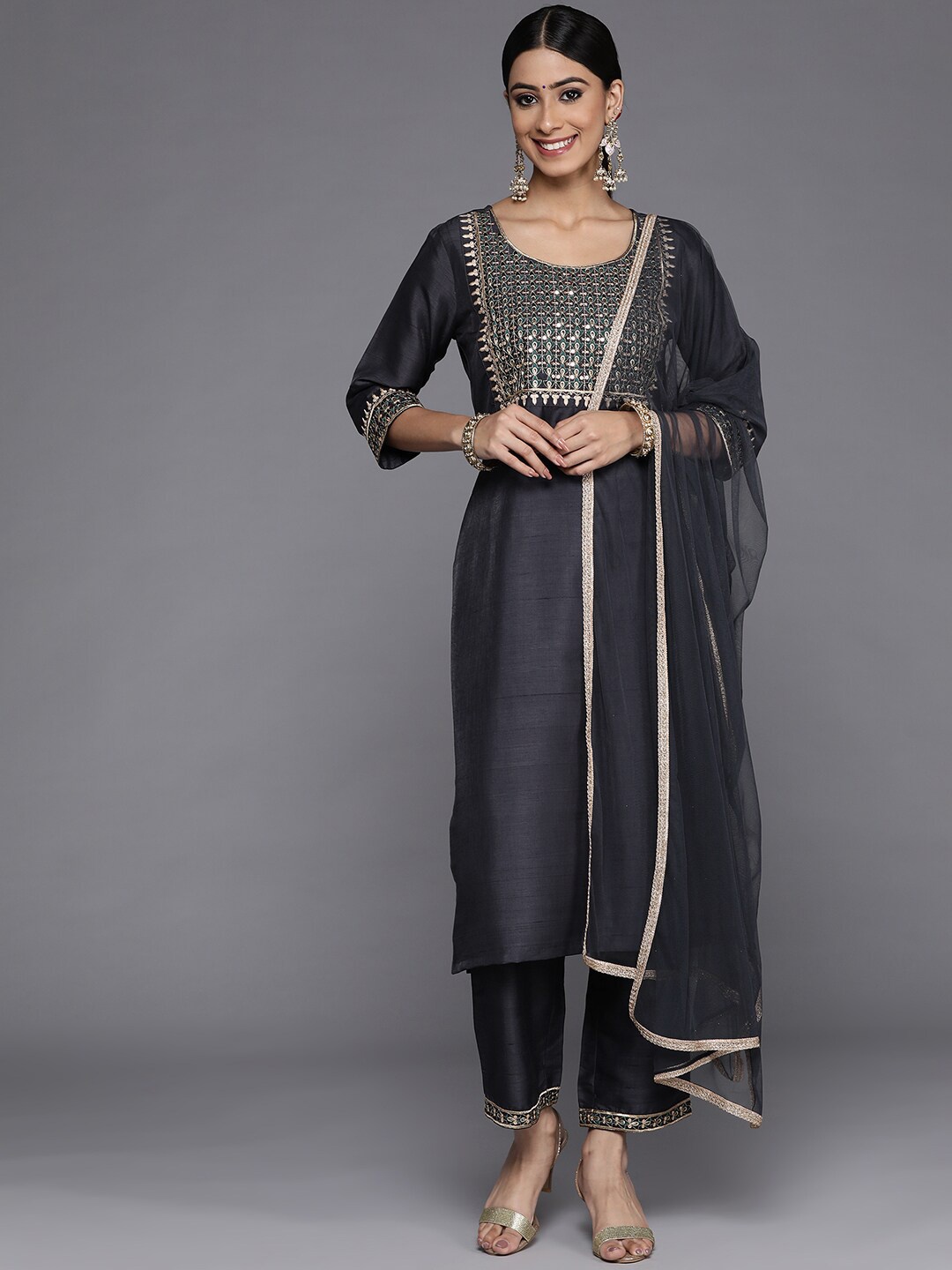 

Libas Grey & Gold-Toned Ethnic Motifs Embroidered Sequined Kurta with Trousers & Dupatta