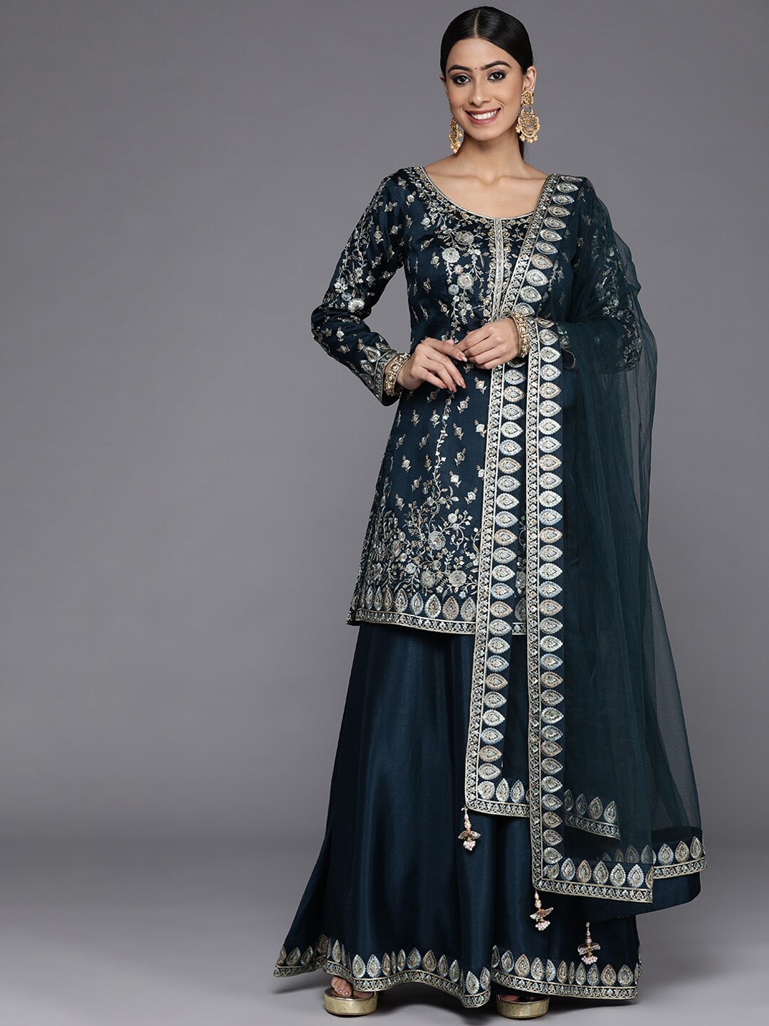 

Libas Teal Blue & White Floral Embroidered Beads & Stones Kurti With Skirt & Dupatta