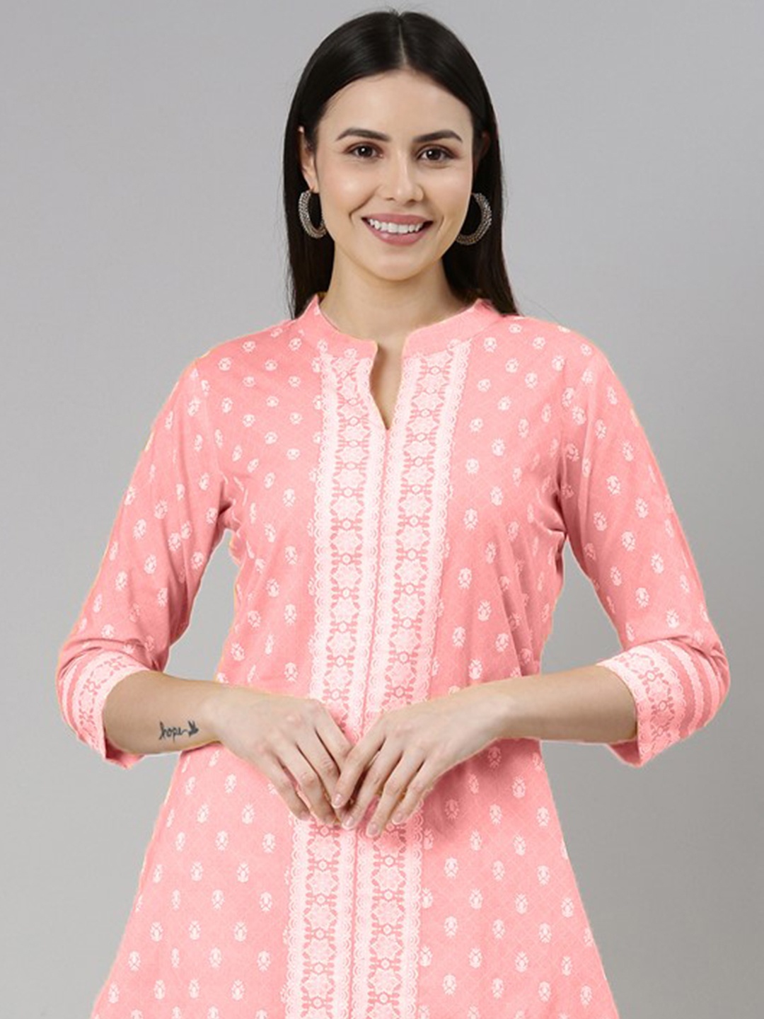 

KALINI Ethnic Motifs Printed Panelled Pure Cotton Kurta with Trousers & Dupatta, Peach