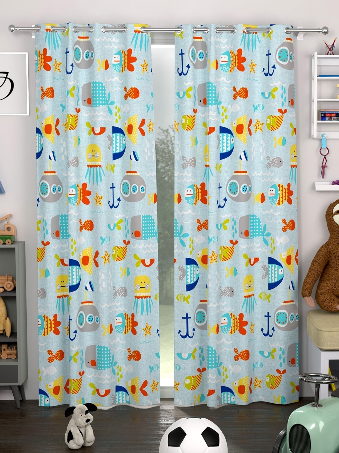

CHHAVI INDIA Blue & Yellow 2 Pieces Quirky Sheer Door Curtains