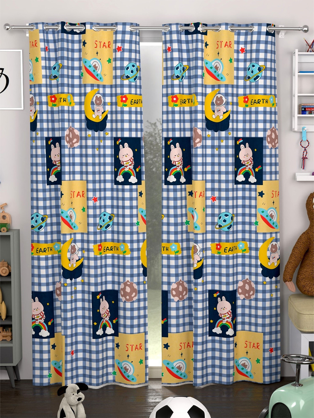 

CHHAVI INDIA Blue & White 2 Pieces Quirky Sheer Door Curtains