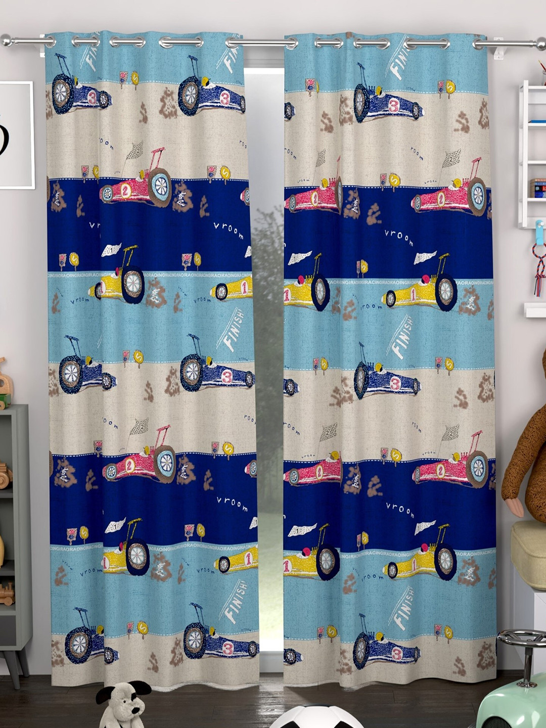 

CHHAVI INDIA 2 Pieces Blue & Cream-Coloured Quirky Door Curtains