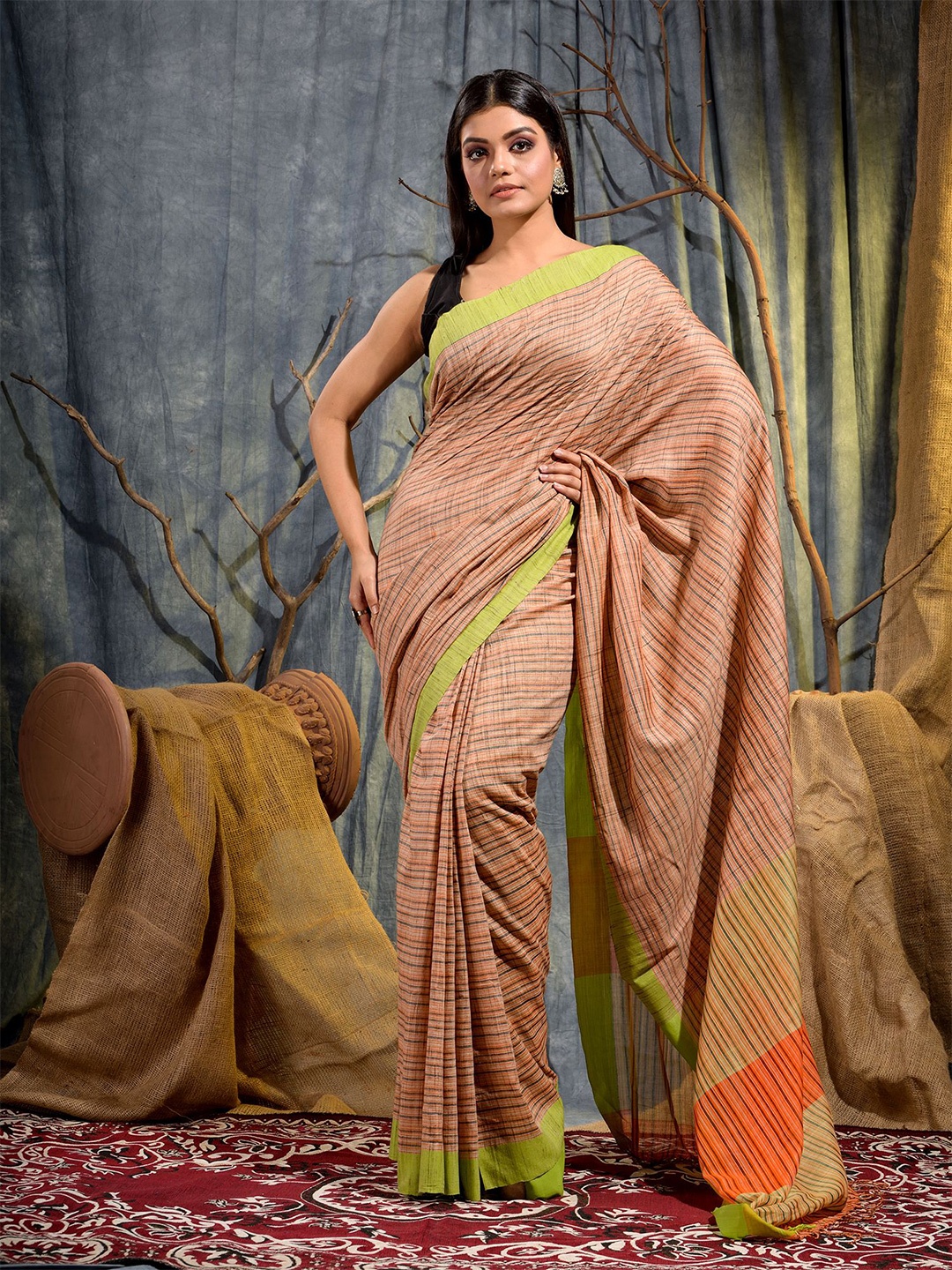 

SAJASAJO Striped Pure Cotton Saree, Beige