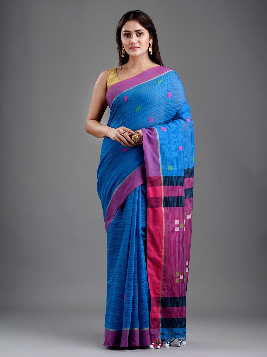 

SAJASAJO Woven Design Zari Pure Cotton Saree, Blue