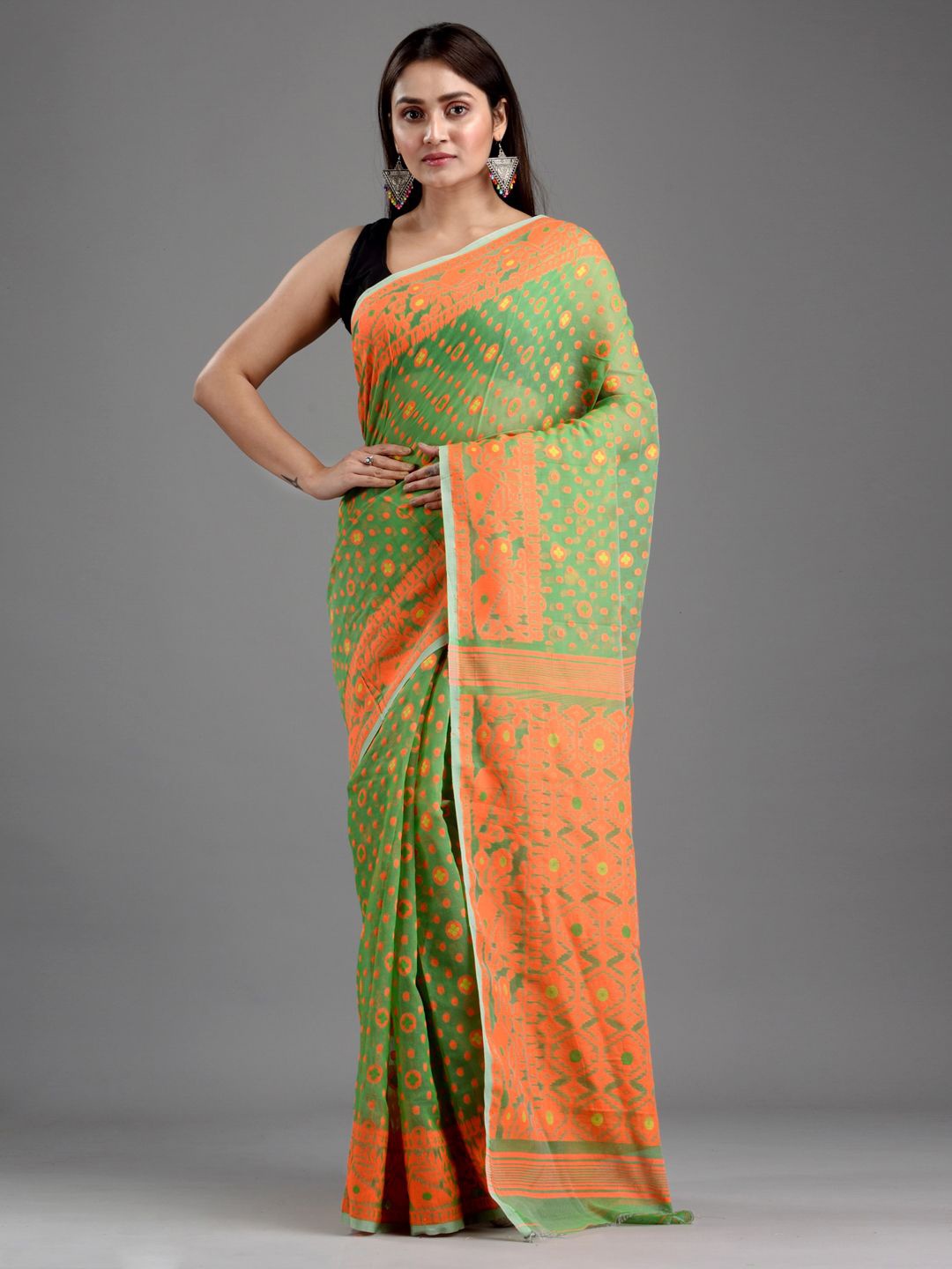 

SAJASAJO Ethnic Woven Design Silk Cotton Bengal Saree, Green