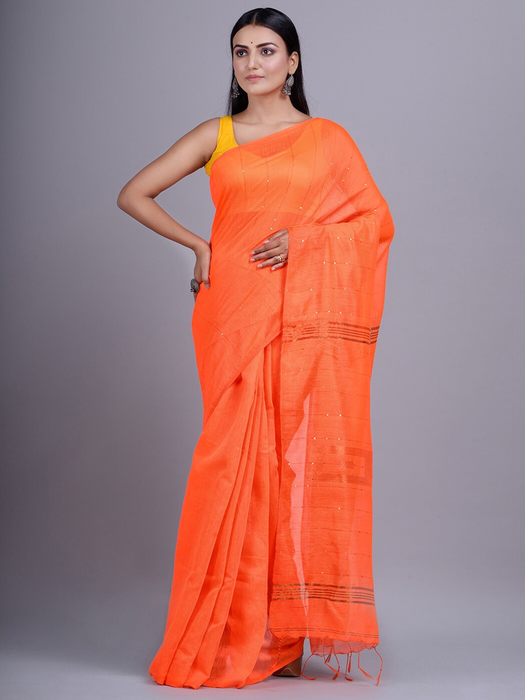 

SAJASAJO Woven Design Sequinned Handloom Saree, Orange