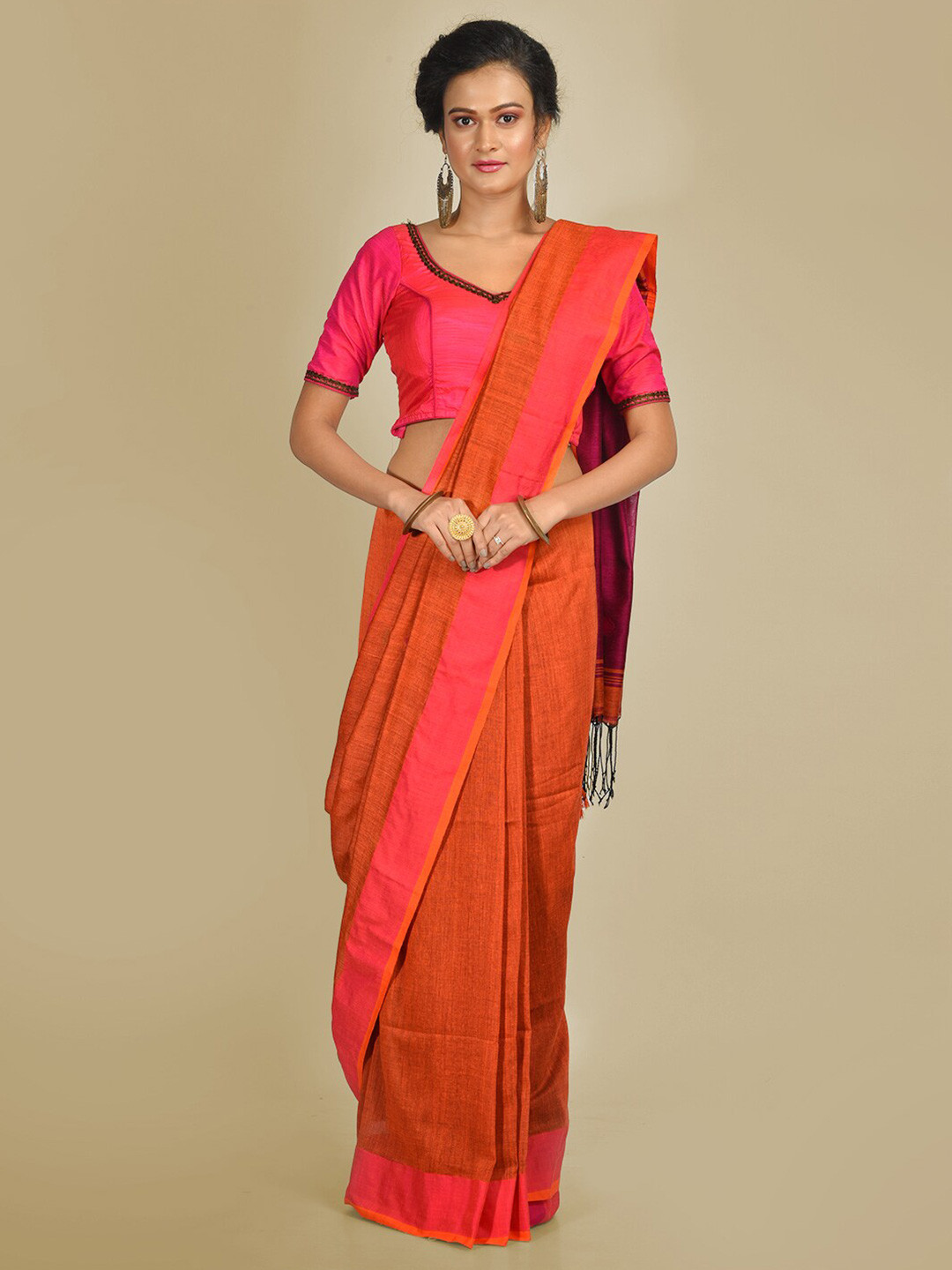 

SAJASAJO Cotton Blend Saree, Orange