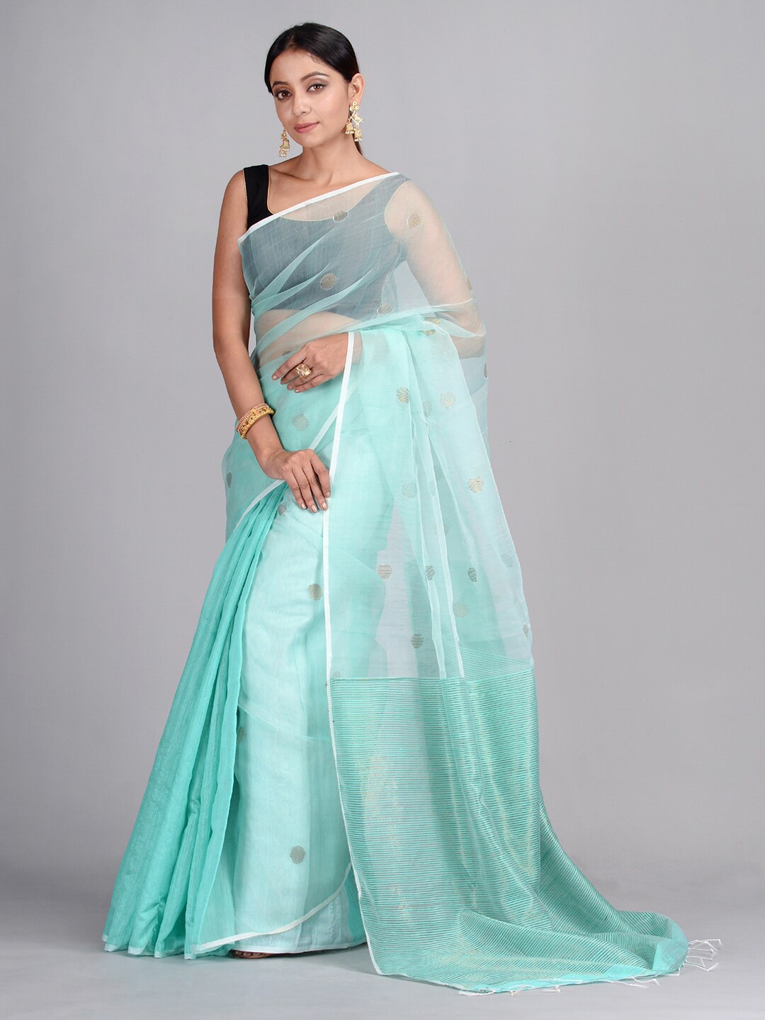 

SAJASAJO Geometric Woven Design Saree, Sea green