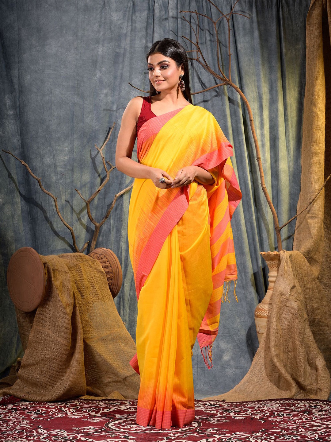 

SAJASAJO Pure Cotton Saree, Yellow