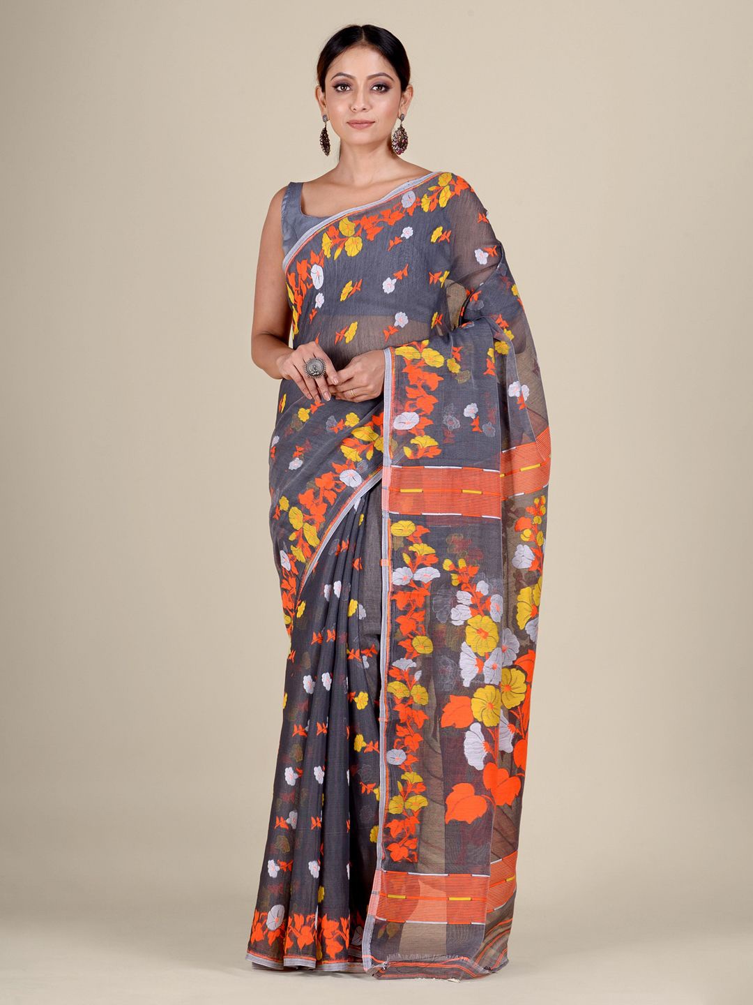 

SAJASAJO Floral Printed Silk Cotton Saree, Grey