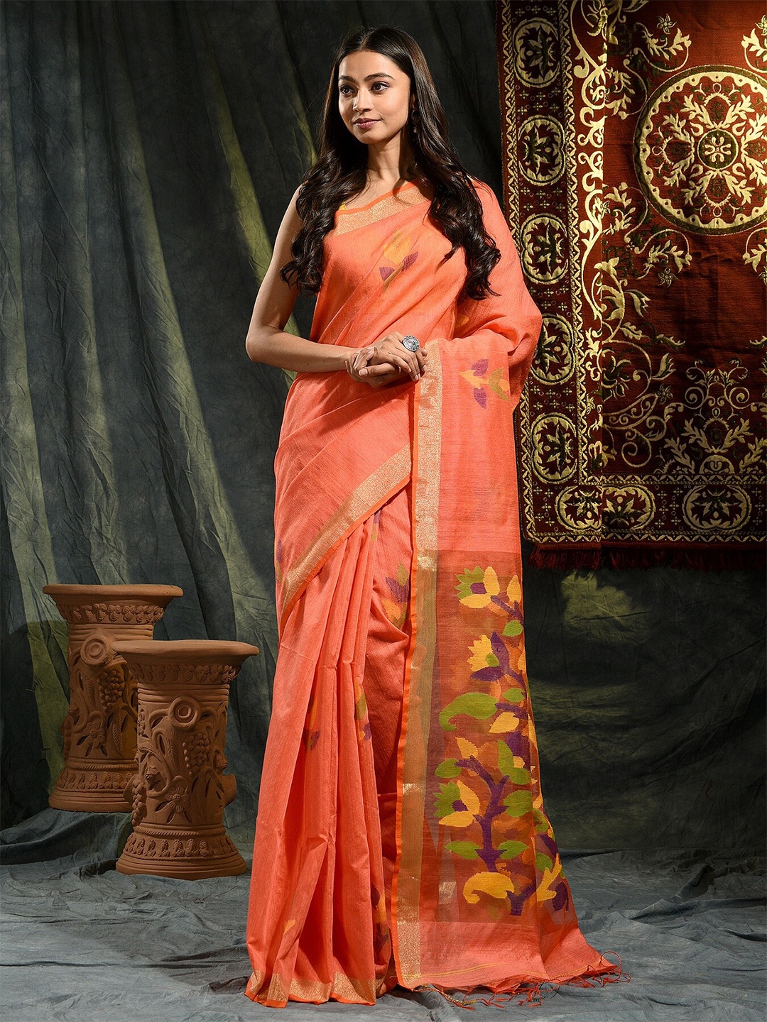 

SAJASAJO Floral Woven Design Zari Pure Silk Saree, Orange