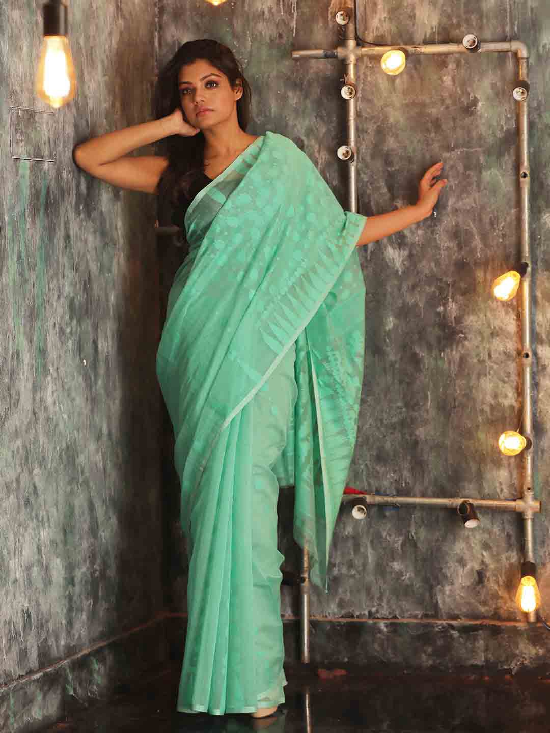 

SAJASAJO Woven Design Silk Cotton Jamdani Saree, Sea green