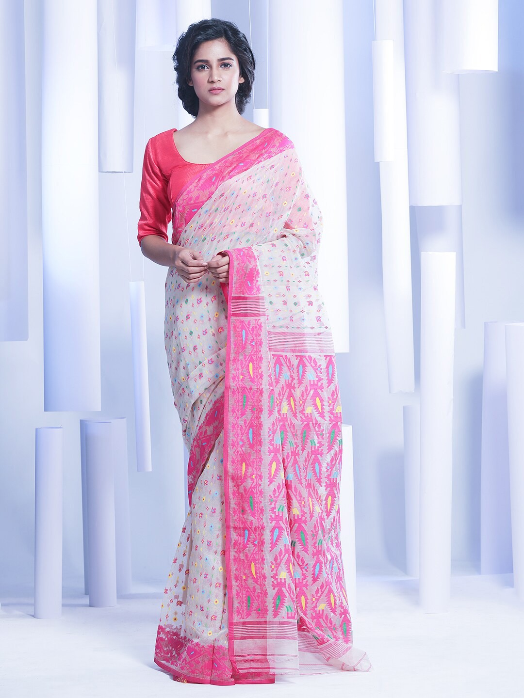 

SAJASAJO Ethnic Woven Design Silk Cotton Jamdani Saree, Off white