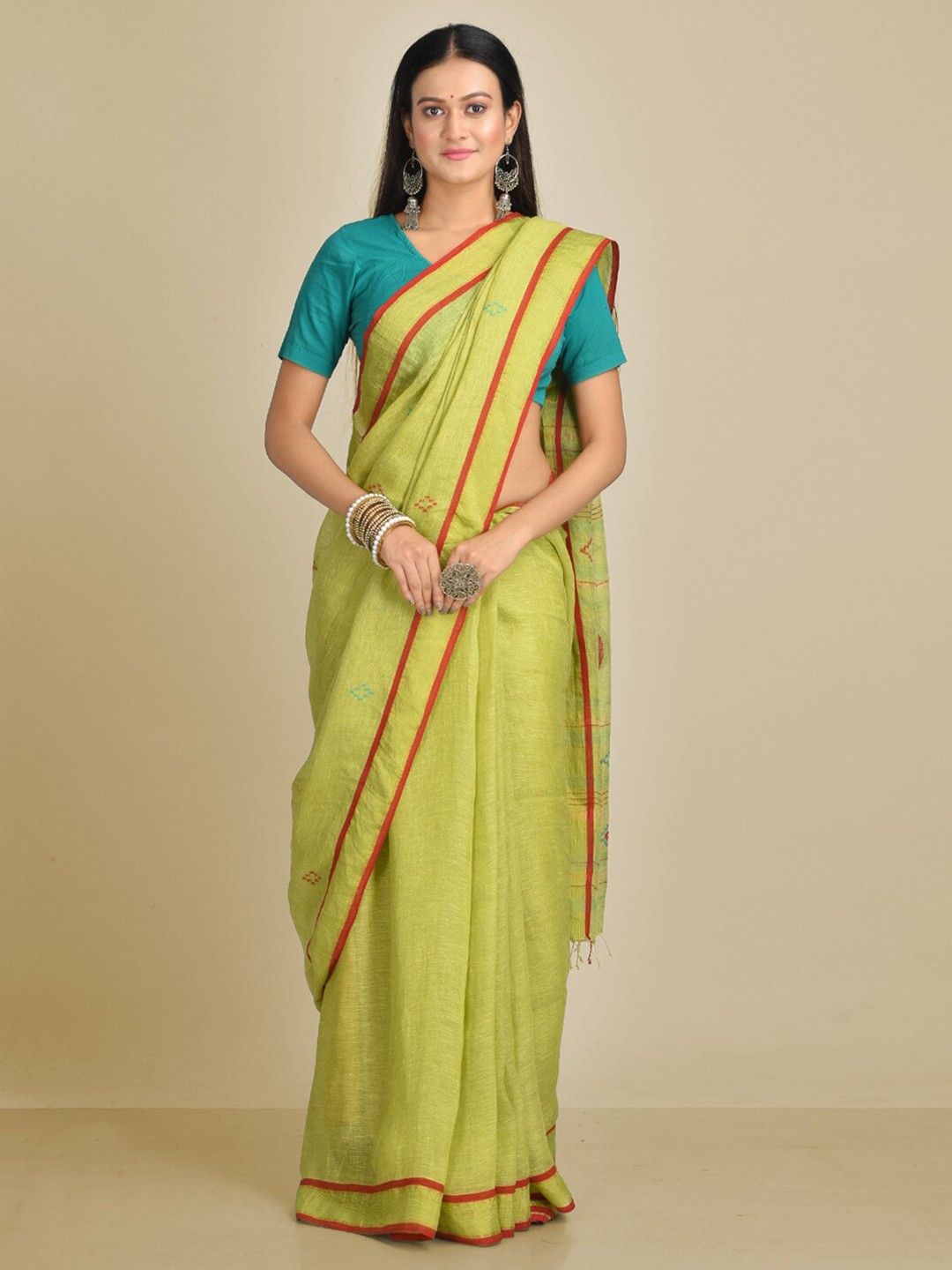 

SAJASAJO Printed Pure Linen Saree, Lime green