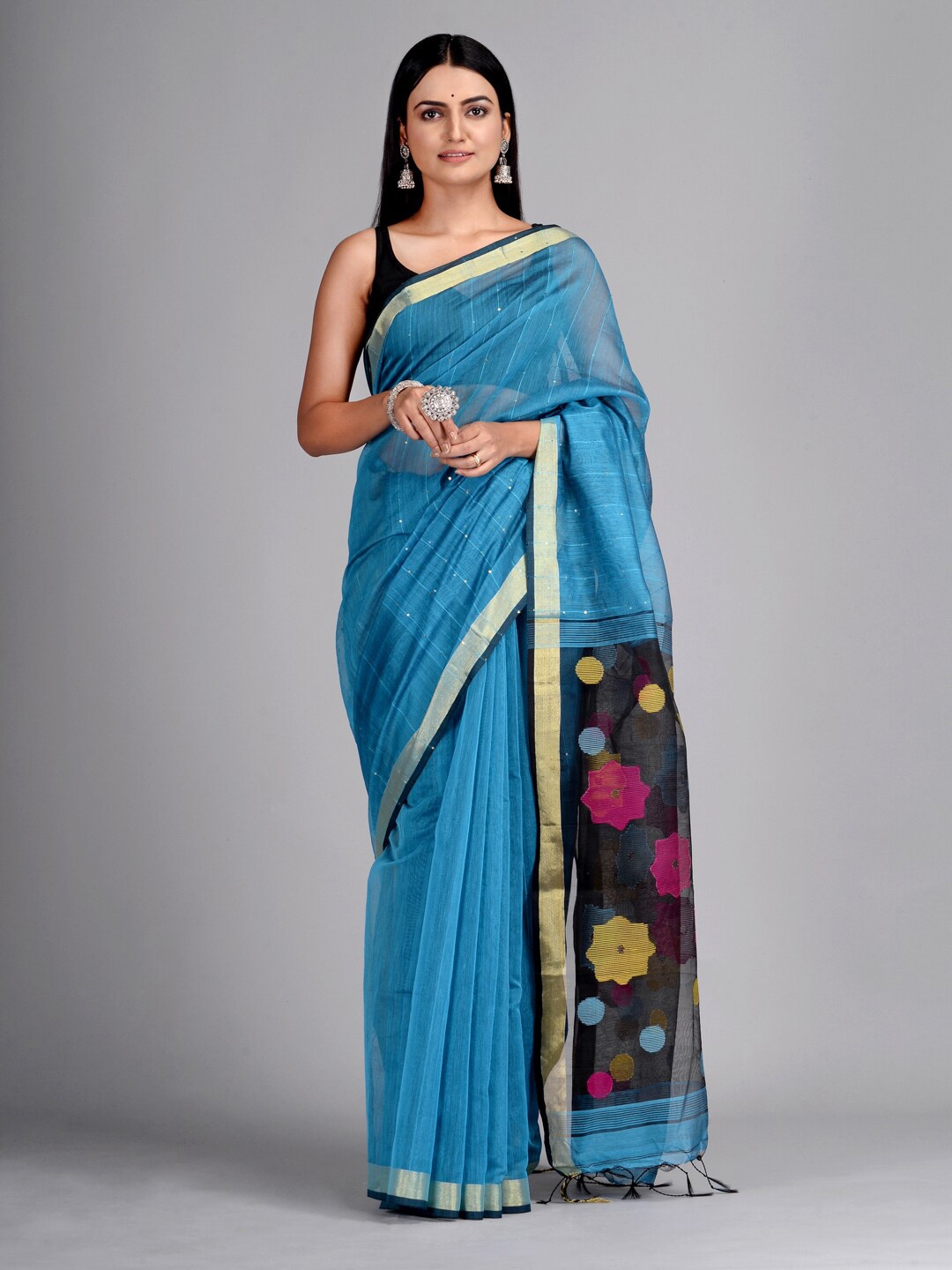 

SAJASAJO Embellished Sequinned Zari Saree, Blue