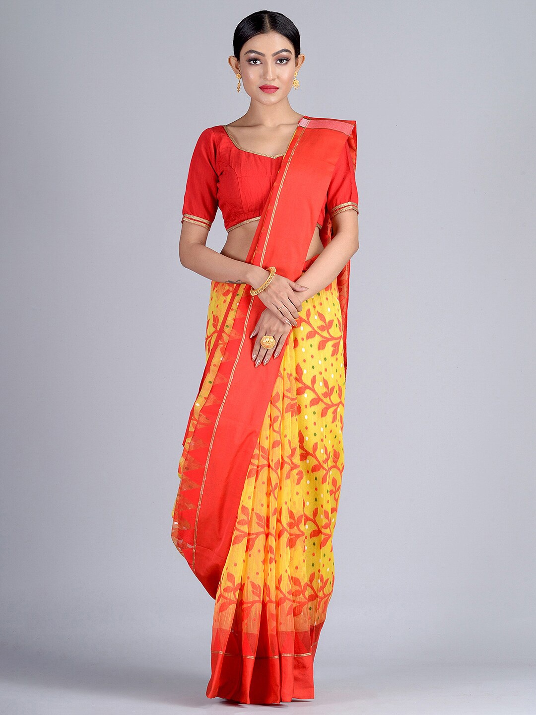 

SAJASAJO Floral Woven Design Zari Silk Cotton Saree, Yellow