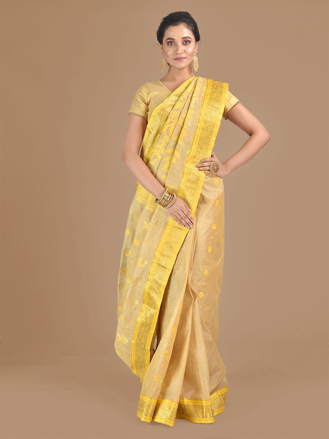 

SAJASAJO Ethnic Woven Design Zari Pure Silk Saree, Beige