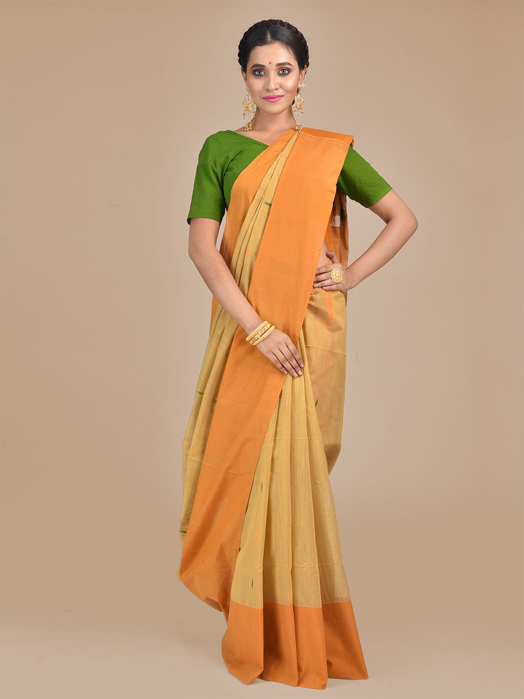 

SAJASAJO Woven Design Pure Cotton Handloom Saree, Beige