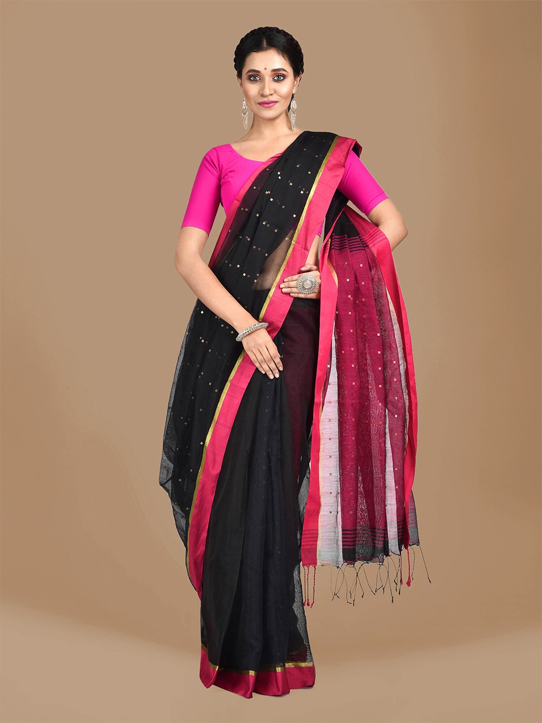 

SAJASAJO Ethnic Woven Design Zari Saree, Black