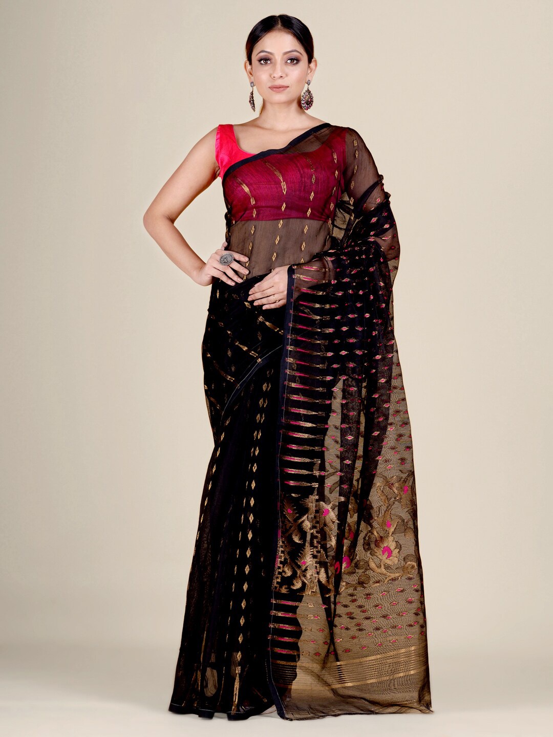 

SAJASAJO Ethnic Woven Design Zari Silk Cotton Saree, Black