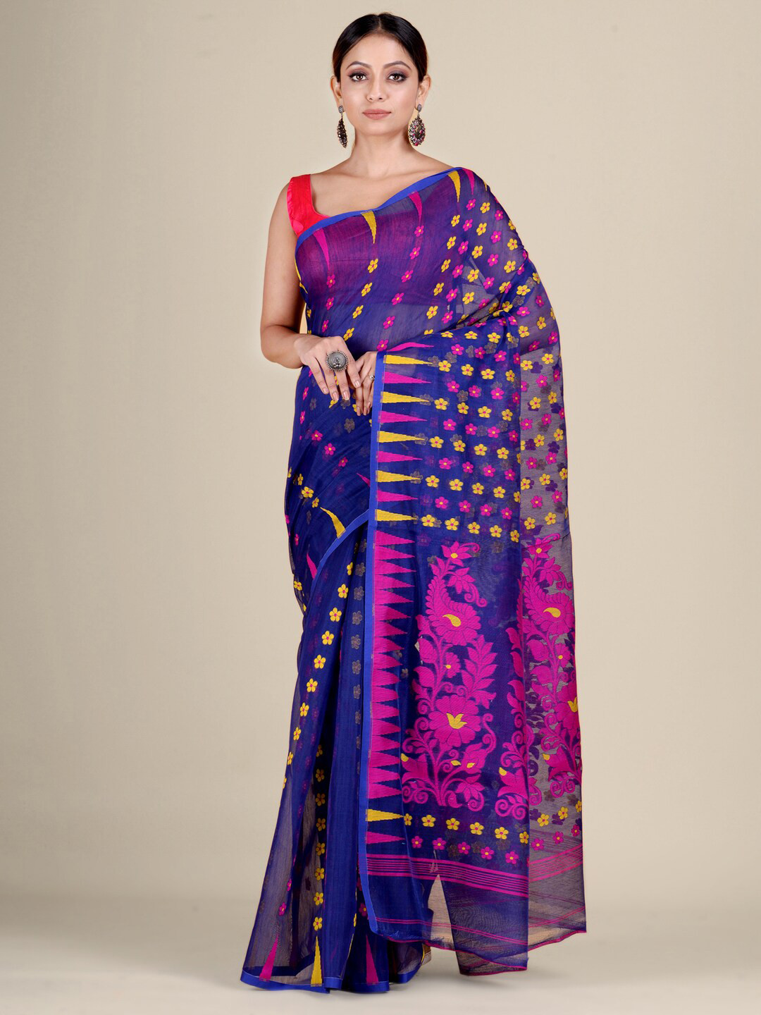

SAJASAJO Floral Woven Design Silk Cotton Saree, Blue