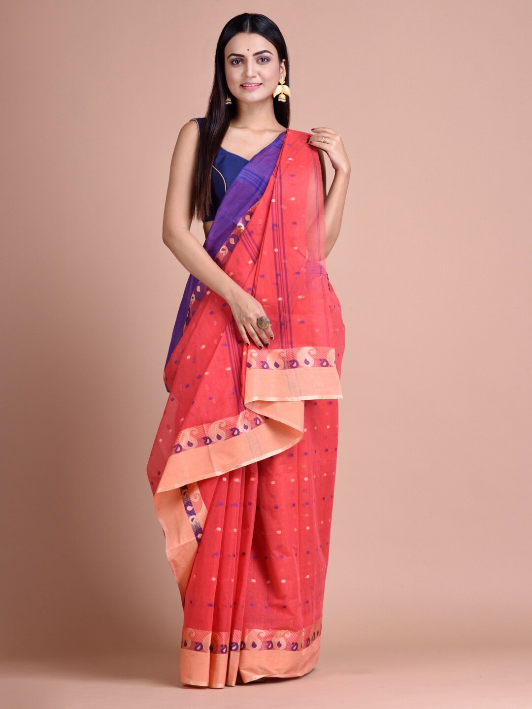 

SAJASAJO Ethnic Motif Woven Design Pure Cotton Saree, Coral