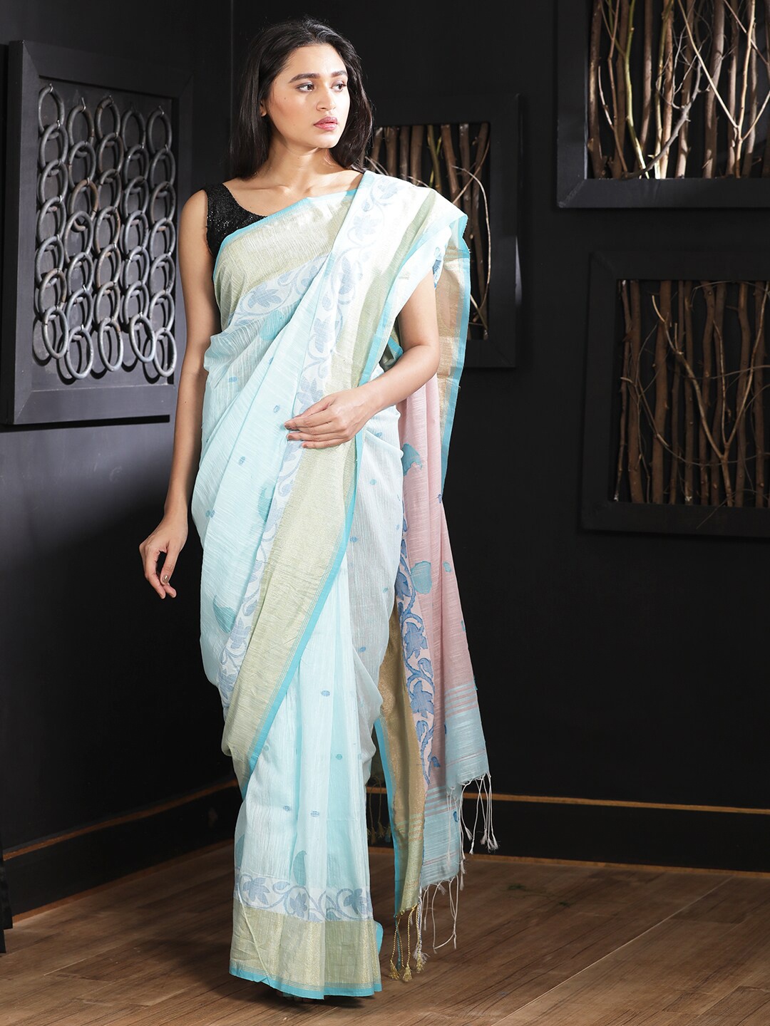 

SAJASAJO Ethnic Motif Woven Design Zari Saree, Blue