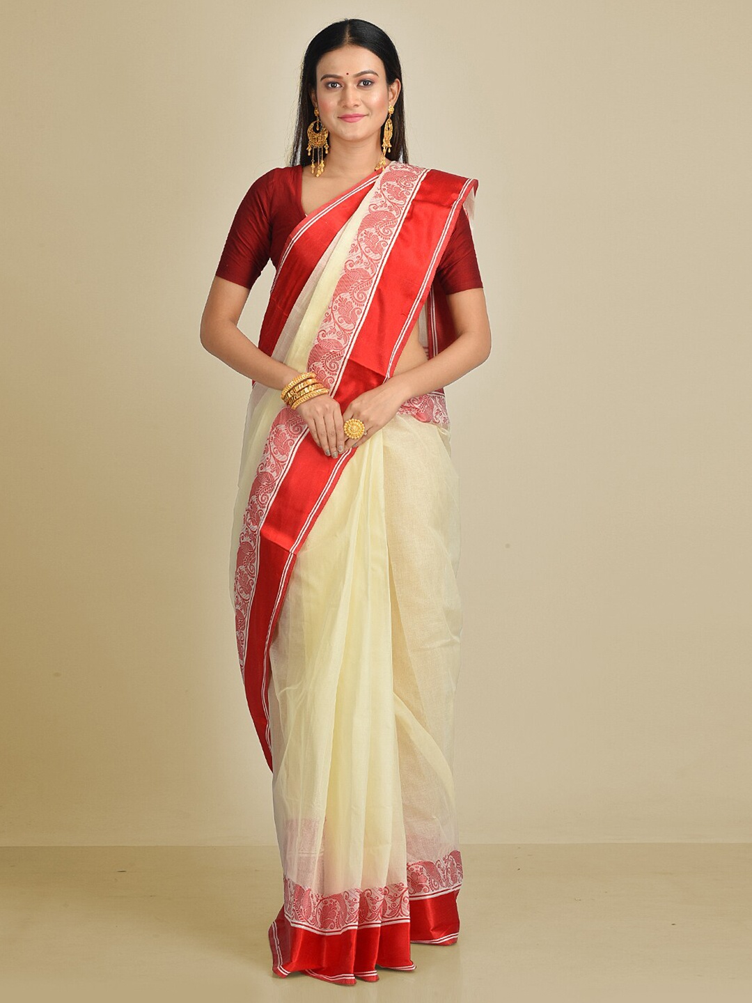 

SAJASAJO Ethnic Motif Woven Design Pure Cotton Saree, Off white