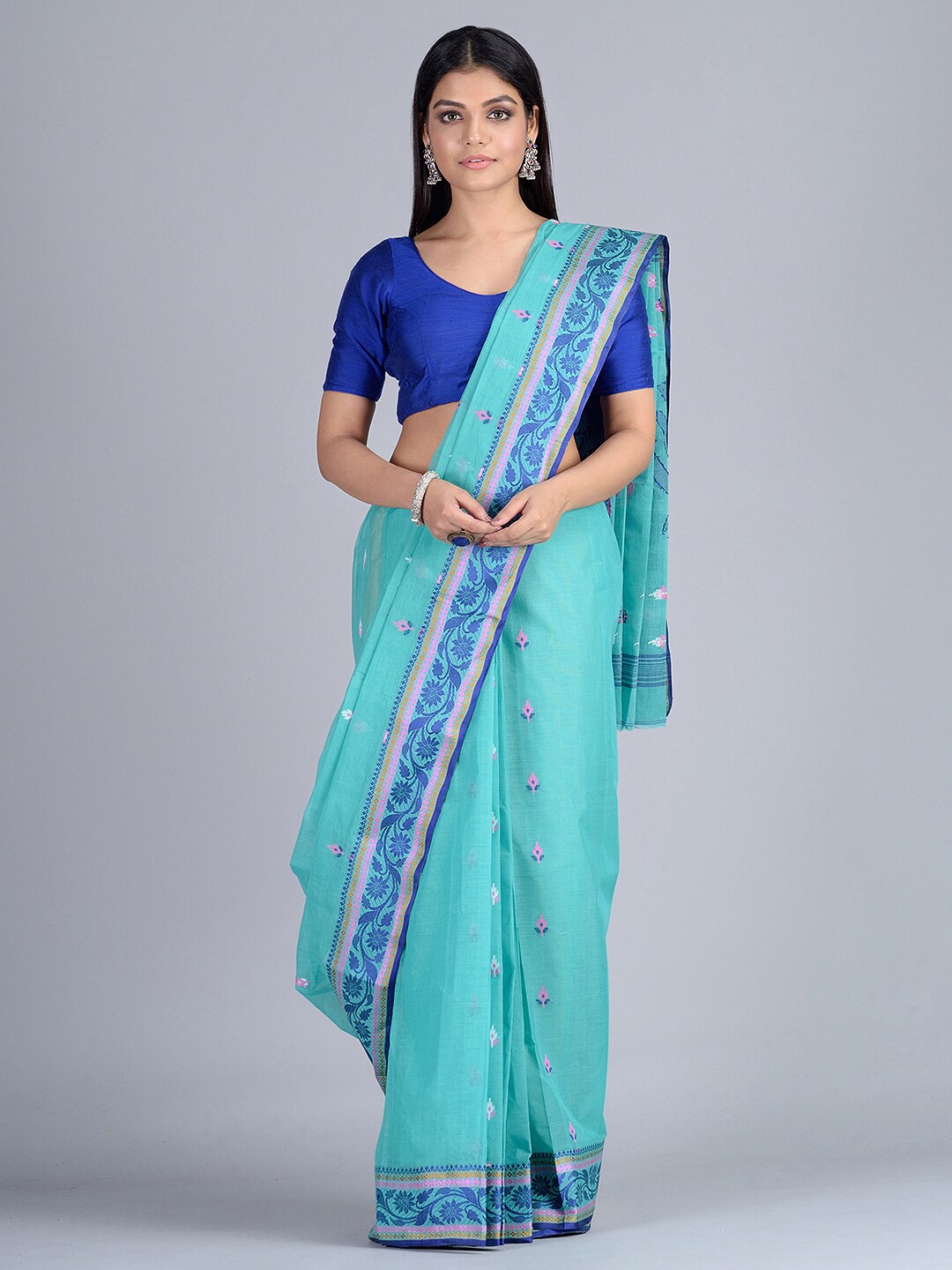 

SAJASAJO Ethnic Motif Woven Design Pure Cotton Saree, Sea green