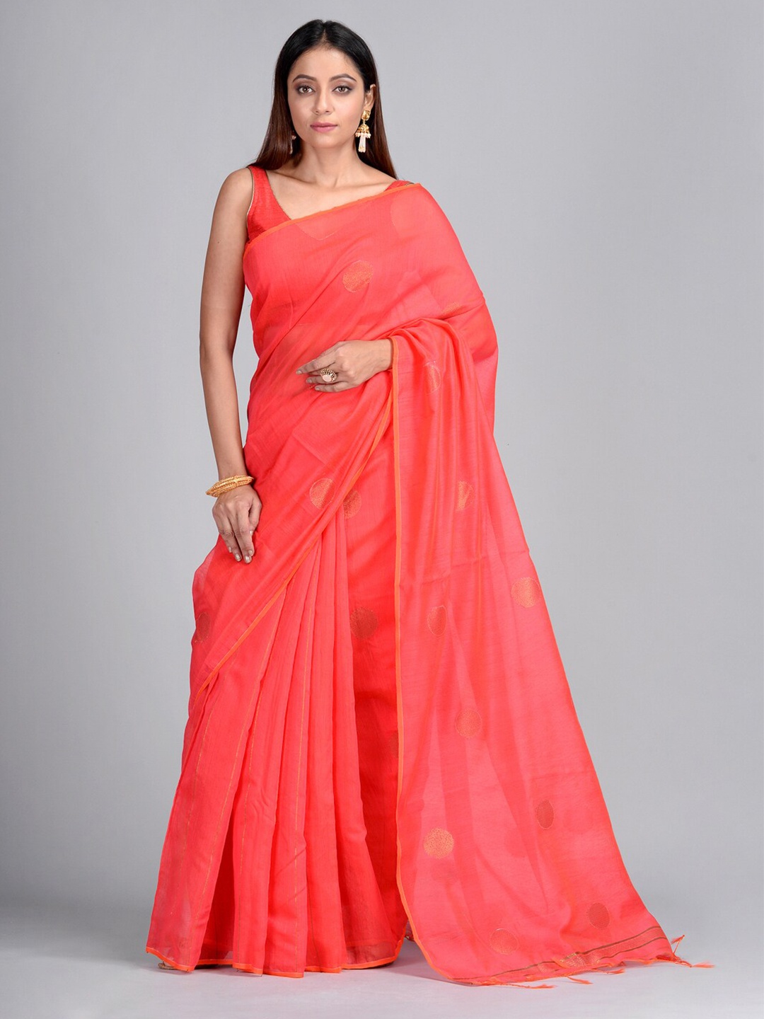 

SAJASAJO Geometric Woven Design Saree, Pink