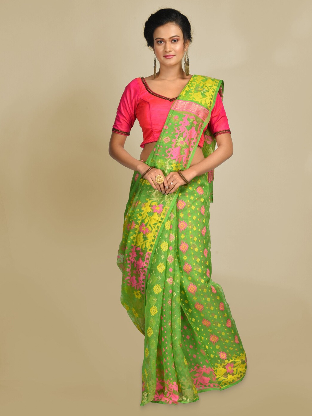 

SAJASAJO Ethnic Motif Woven Design Silk Cotton Saree, Green