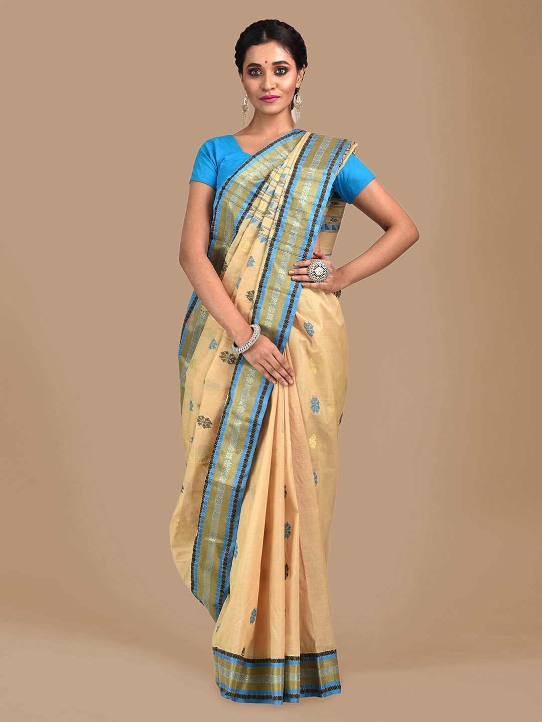 

SAJASAJO Ethnic Woven Design Zari Pure Silk Saree, Beige