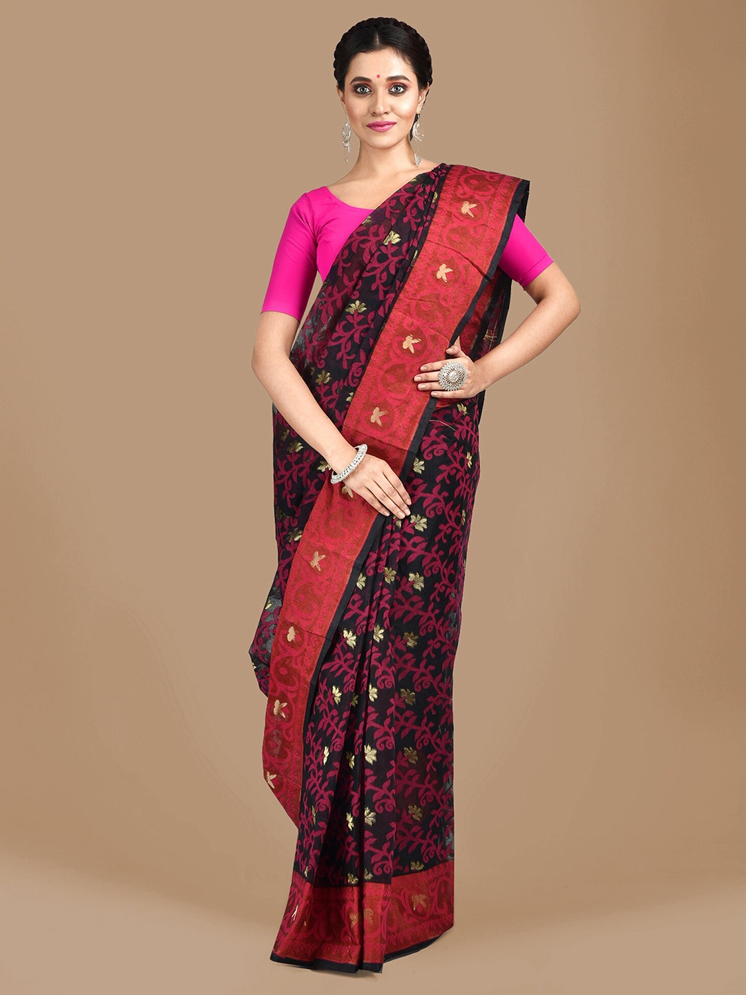 

SAJASAJO Floral Printed Silk Cotton Saree, Black