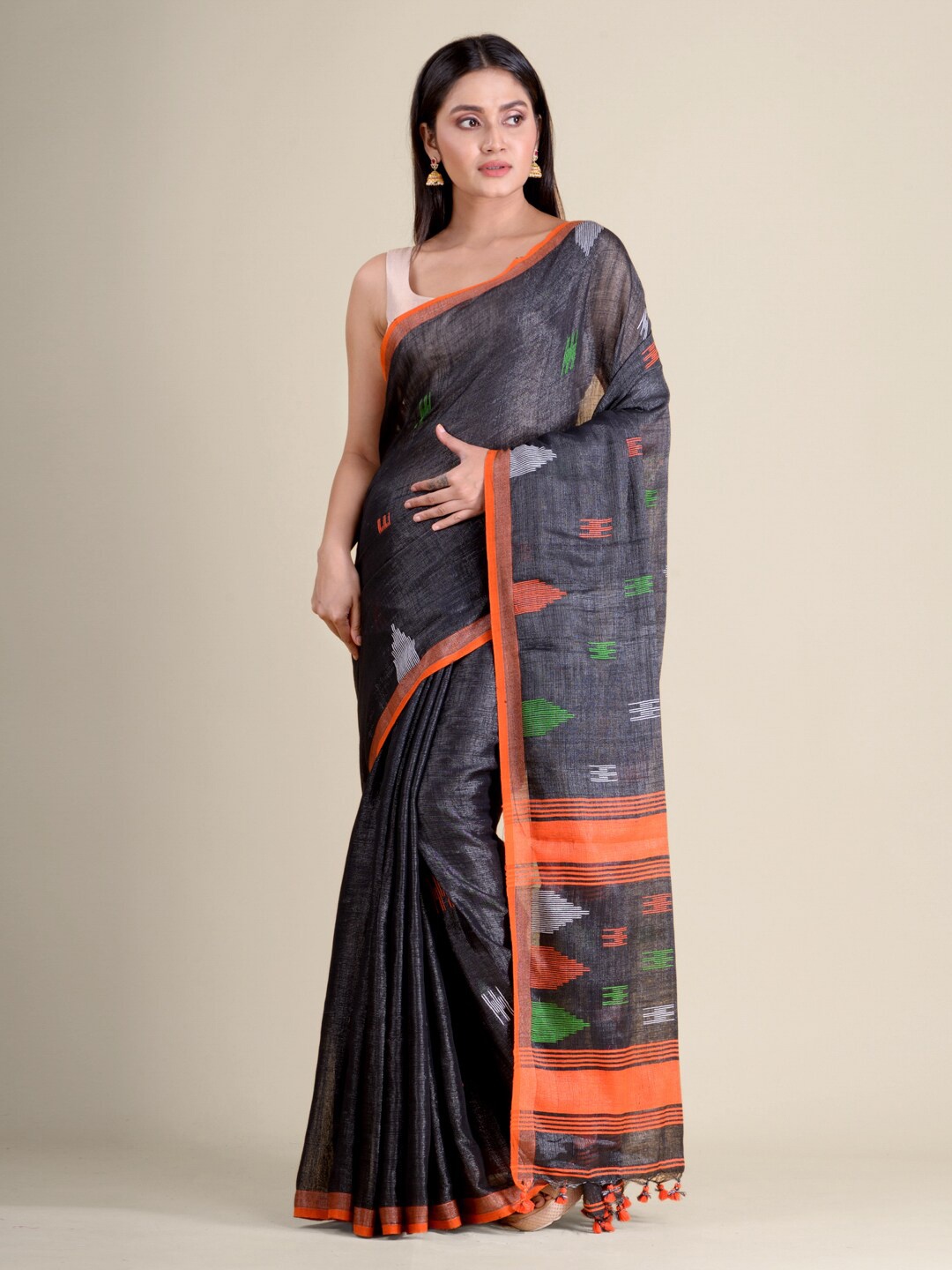 

SAJASAJO Ethnic Woven Design Pure Cotton Saree, Grey