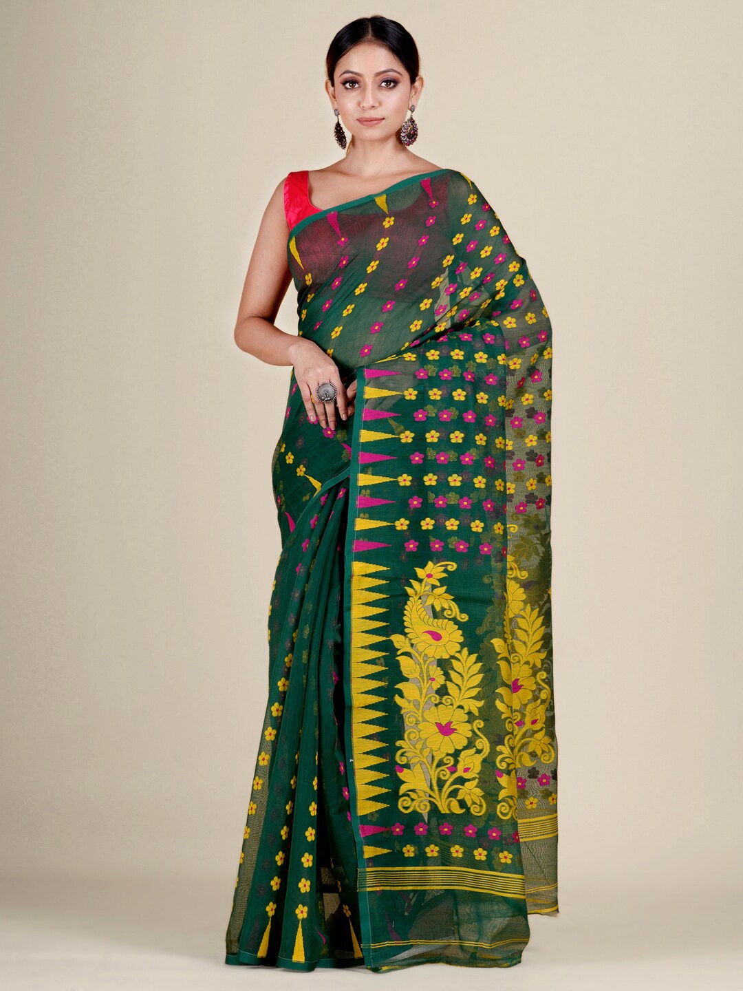 

SAJASAJO Ethnic Woven Design Silk Cotton Saree, Green