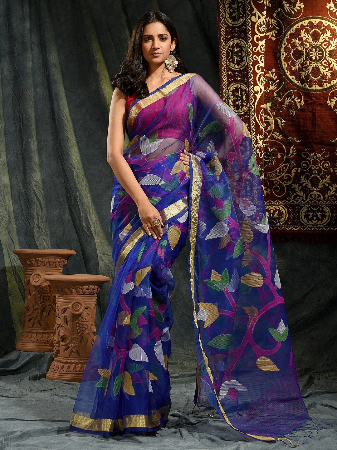 

SAJASAJO Floral Woven Design Zari Pure Silk Saree, Blue