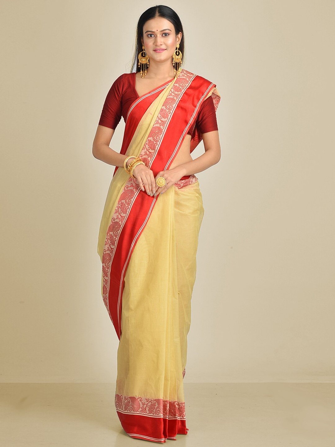 

SAJASAJO Pure Cotton Saree, Beige