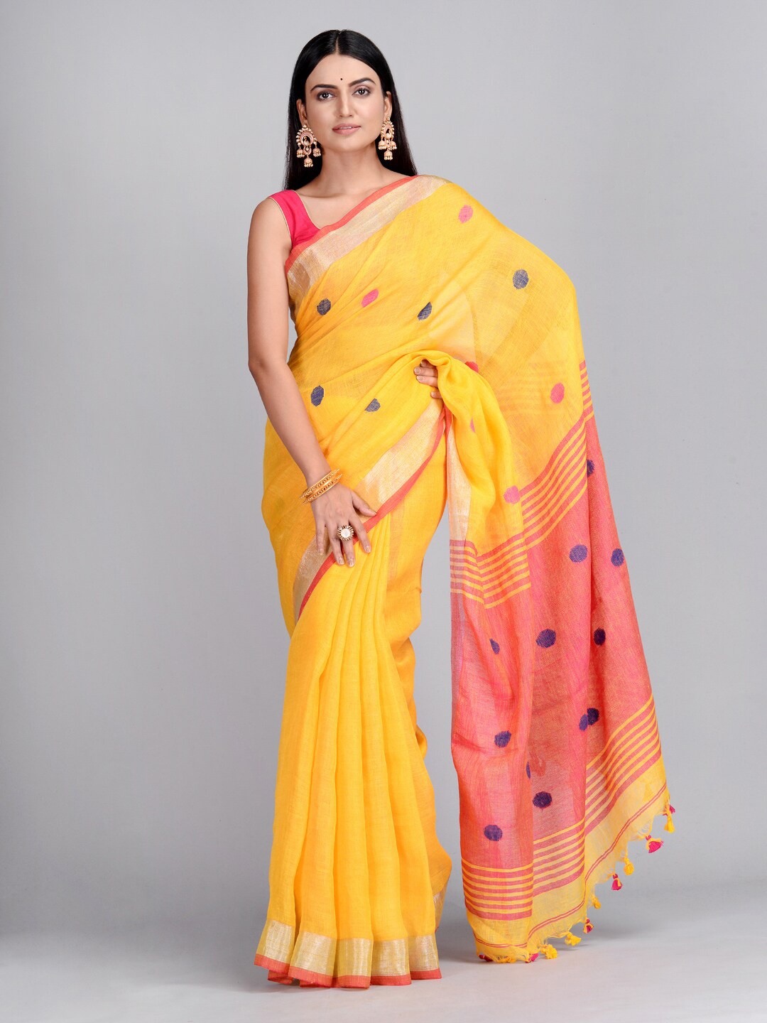 

SAJASAJO Woven Design Zari Pure Linen Saree, Yellow