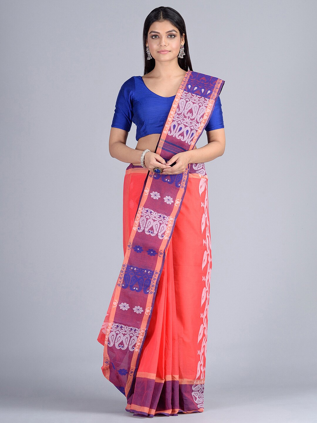 

SAJASAJO Ethnic Woven Design Pure Cotton Saree, Peach