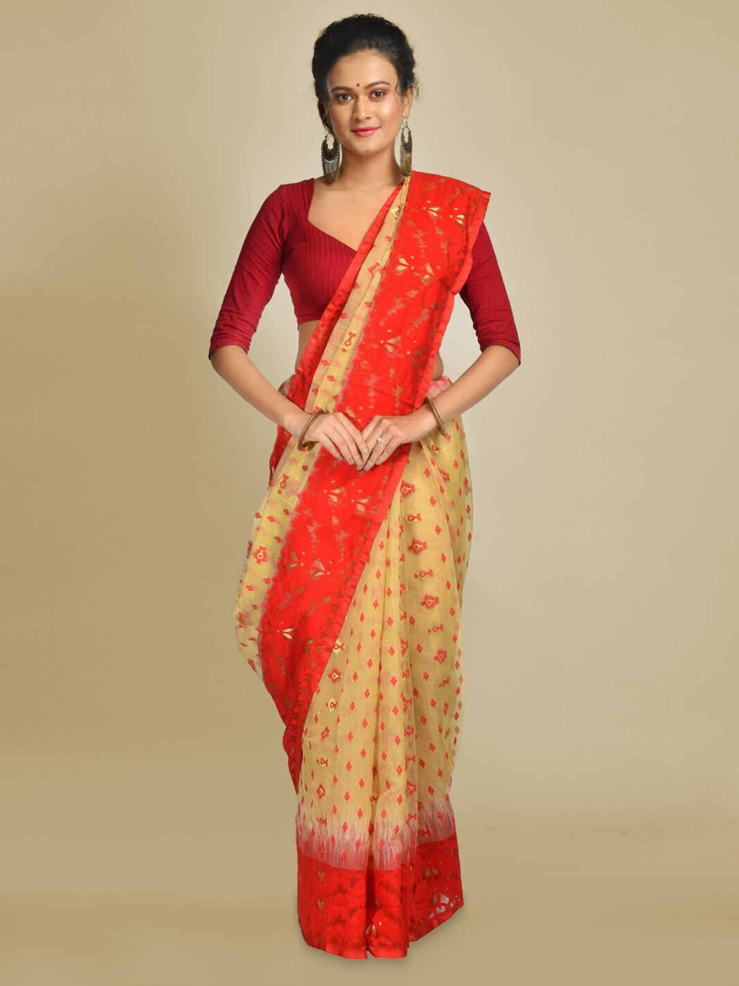 

SAJASAJO Ethnic Woven Design Silk Cotton Saree, Beige
