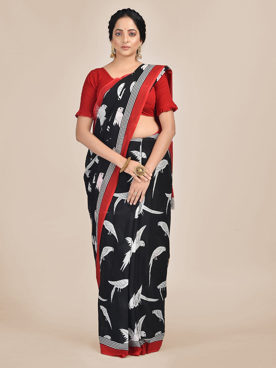 

SAJASAJO Ethnic Motifs Printed Pure Cotton Saree, Black