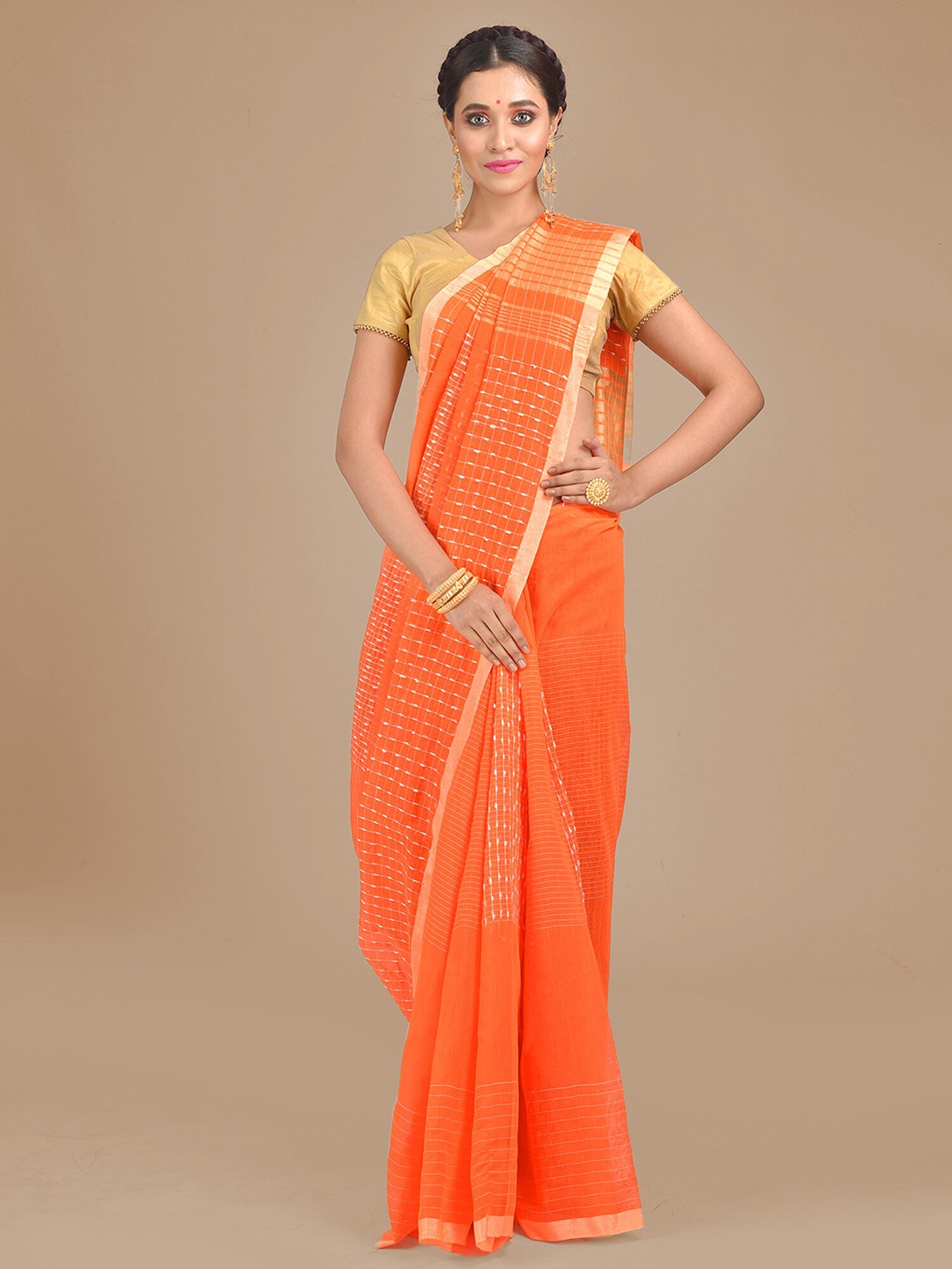 

SAJASAJO Checked Zari Saree, Orange